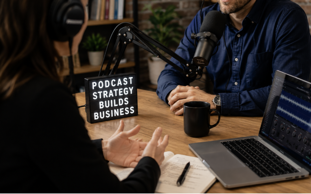 Podcast guesting strategy for entrepreneurs building a business and brand visibility.